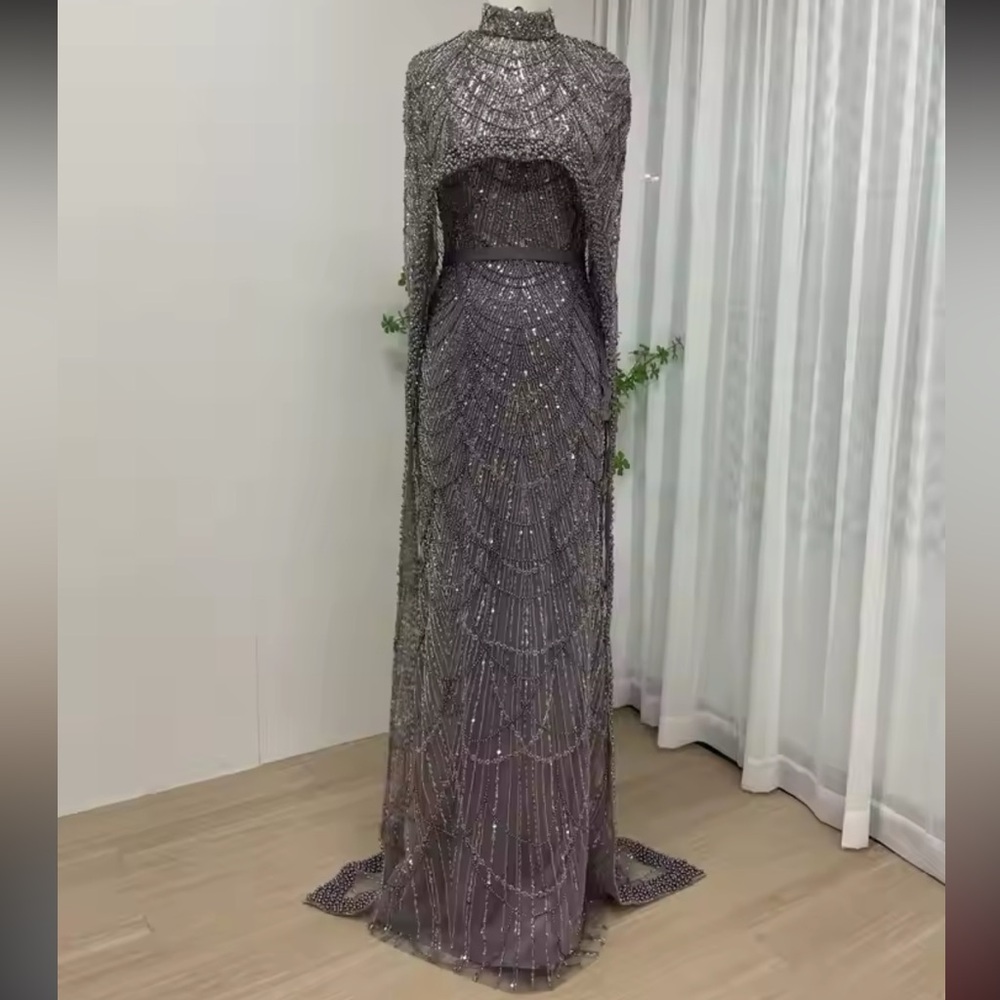 Dubai Arabia  Nude Mermaid  Long  Cape Luxury Evening Dresses Gowns - Picture 12 of 13